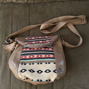 The Sak Beige Leather Crossbody with Multicolor Southwestern Weave